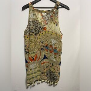 Umgee Women’s Feather Pattern Sheer Swing Tank Pompom Fringe Sz M Bohemian